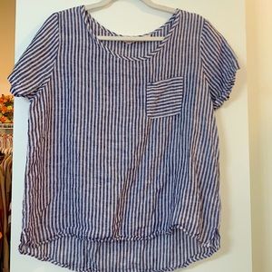 Blue and White striped, Linen short sleeve top